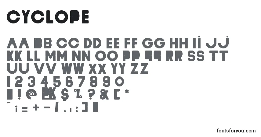 Czcionka Cyclope – alfabet, cyfry, specjalne znaki
