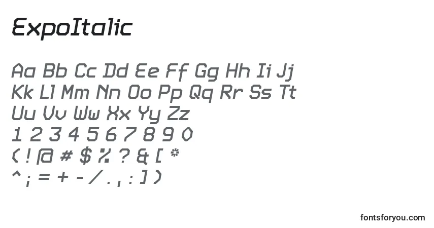 Czcionka ExpoItalic – alfabet, cyfry, specjalne znaki