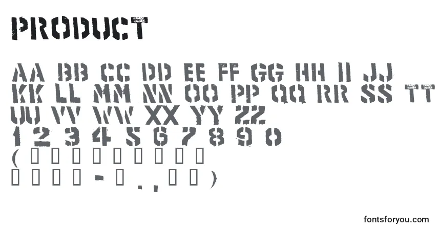 Czcionka Product – alfabet, cyfry, specjalne znaki