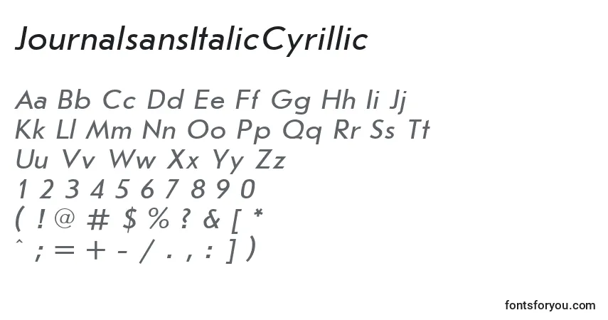 JournalsansItalicCyrillicフォント–アルファベット、数字、特殊文字