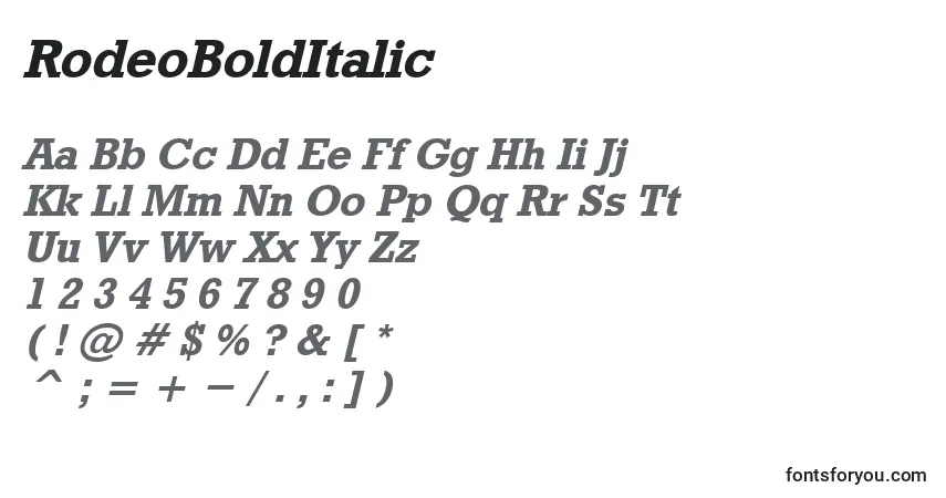 Schriftart RodeoBoldItalic – Alphabet, Zahlen, spezielle Symbole