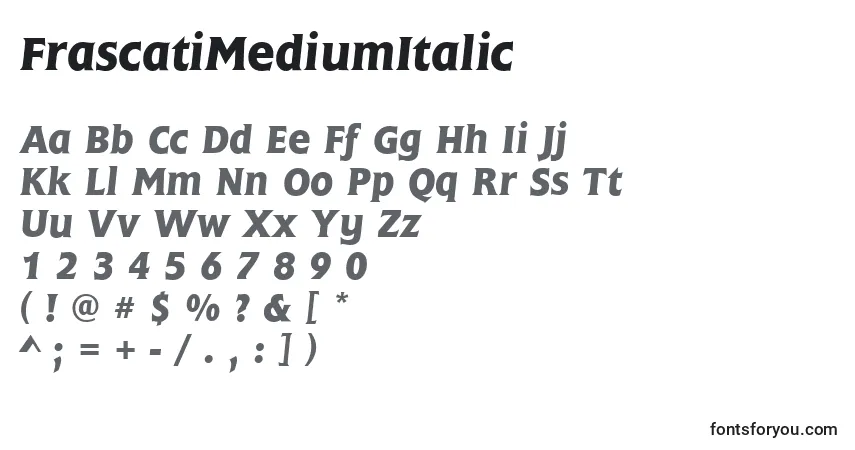 Шрифт FrascatiMediumItalic – алфавит, цифры, специальные символы