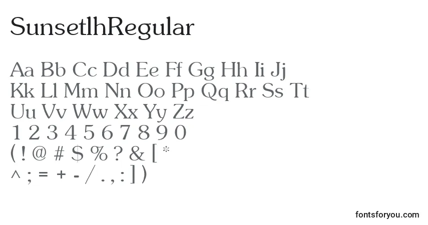 Czcionka SunsetlhRegular – alfabet, cyfry, specjalne znaki