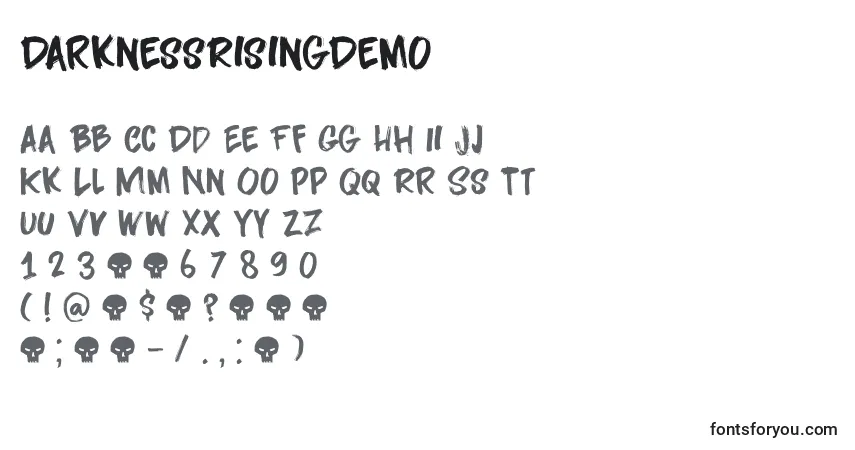 Шрифт DarknessRisingDemo – алфавит, цифры, специальные символы