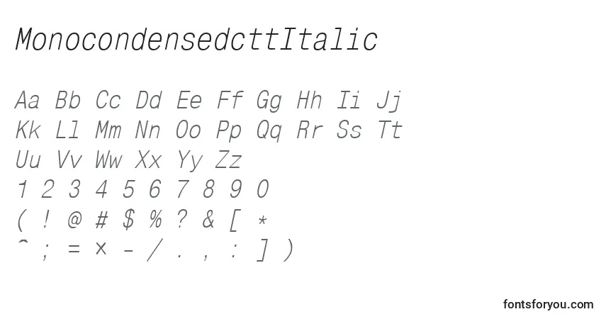 Czcionka MonocondensedcttItalic – alfabet, cyfry, specjalne znaki