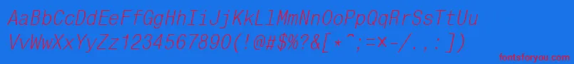 MonocondensedcttItalic-Schriftart – Rote Schriften auf blauem Hintergrund