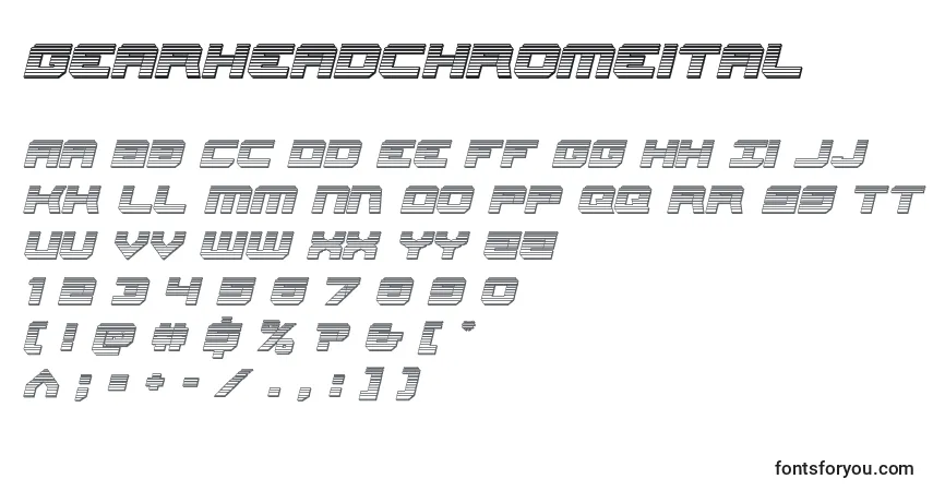 Czcionka Gearheadchromeital – alfabet, cyfry, specjalne znaki