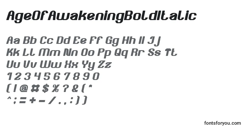 Czcionka AgeOfAwakeningBoldItalic – alfabet, cyfry, specjalne znaki