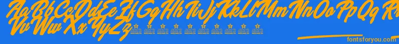 Weitere Informationen zur WannabeesPersonalUse-Schriftart WannabeesPersonalUse-Schriftart – Orangefarbene Schriften auf blauem Hintergrund