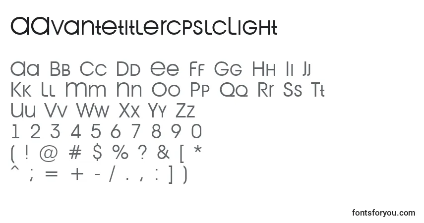 Czcionka AAvantetitlercpslcLight – alfabet, cyfry, specjalne znaki