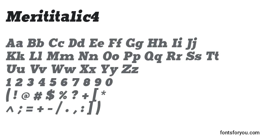 Czcionka Merititalic4 – alfabet, cyfry, specjalne znaki