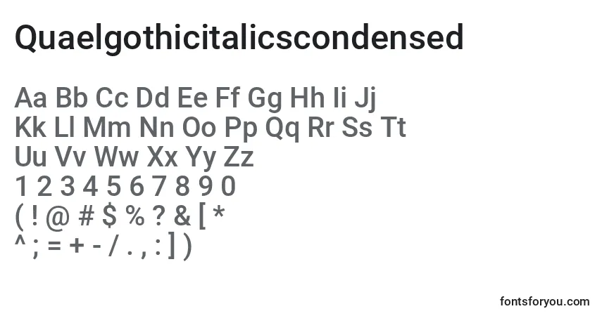 Шрифт Quaelgothicitalicscondensed – алфавит, цифры, специальные символы
