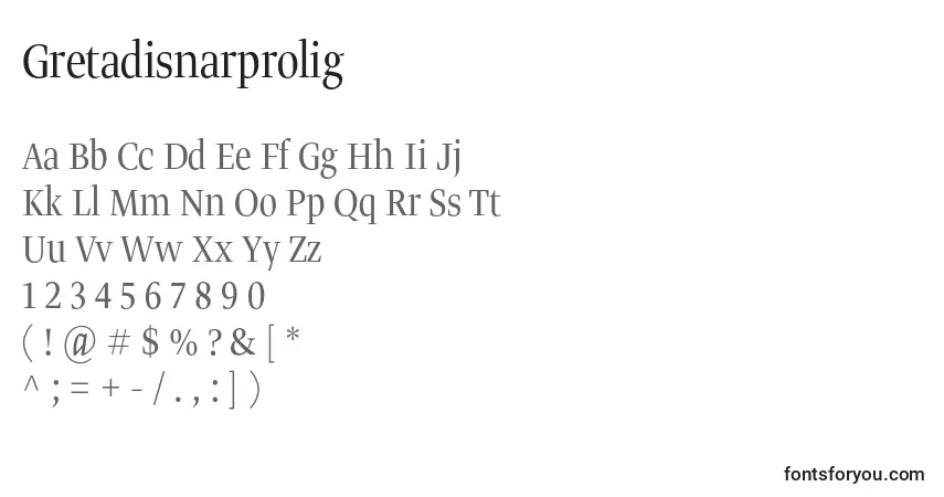 Czcionka Gretadisnarprolig – alfabet, cyfry, specjalne znaki