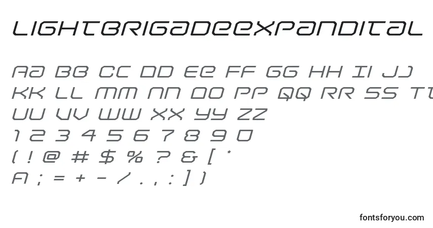 Czcionka Lightbrigadeexpandital – alfabet, cyfry, specjalne znaki
