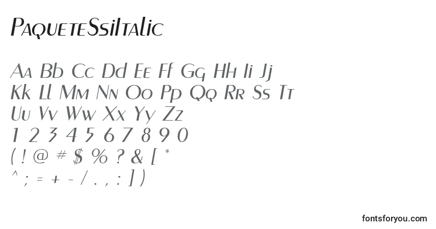 Schriftart PaqueteSsiItalic – Alphabet, Zahlen, spezielle Symbole