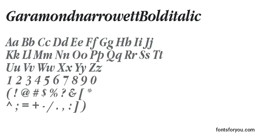 A fonte GaramondnarrowettBolditalic – alfabeto, números, caracteres especiais