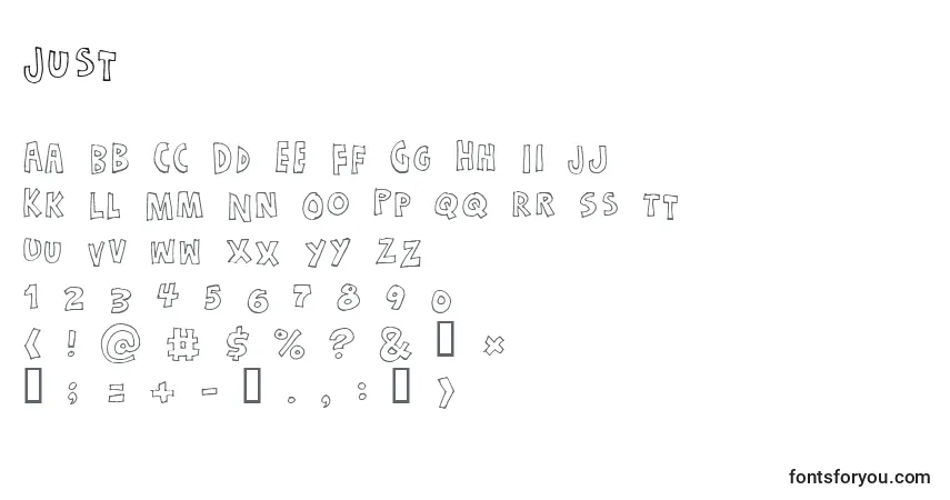 Czcionka Just – alfabet, cyfry, specjalne znaki