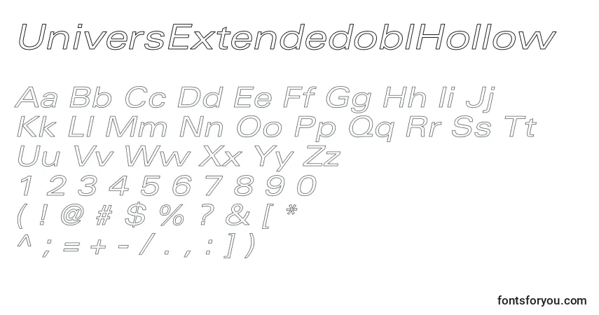 Czcionka UniversExtendedoblHollow – alfabet, cyfry, specjalne znaki