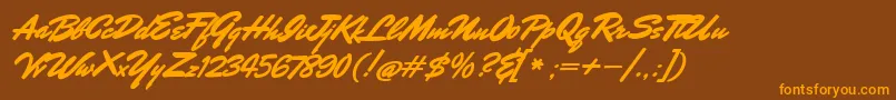 MrStalwart-Schriftart – Orangefarbene Schriften auf braunem Hintergrund
