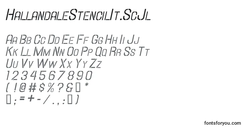 A fonte HallandaleStencilIt.ScJl – alfabeto, números, caracteres especiais