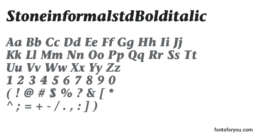 Шрифт StoneinformalstdBolditalic – алфавит, цифры, специальные символы