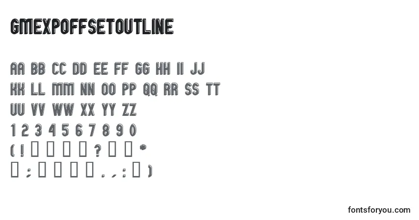 Czcionka GmExpOffsetOutline – alfabet, cyfry, specjalne znaki