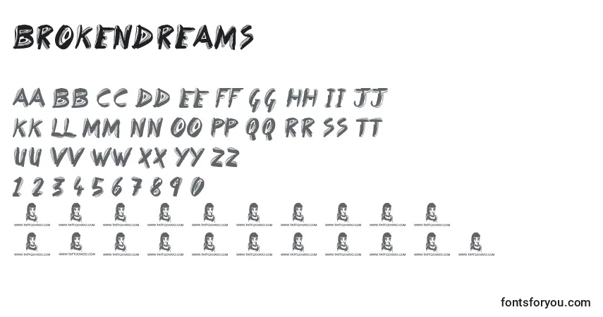 Czcionka BrokenDreams – alfabet, cyfry, specjalne znaki