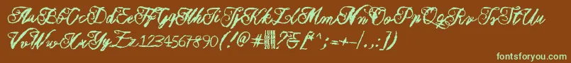 フォントMuurahaiskarhu – 緑色の文字が茶色の背景にあります。