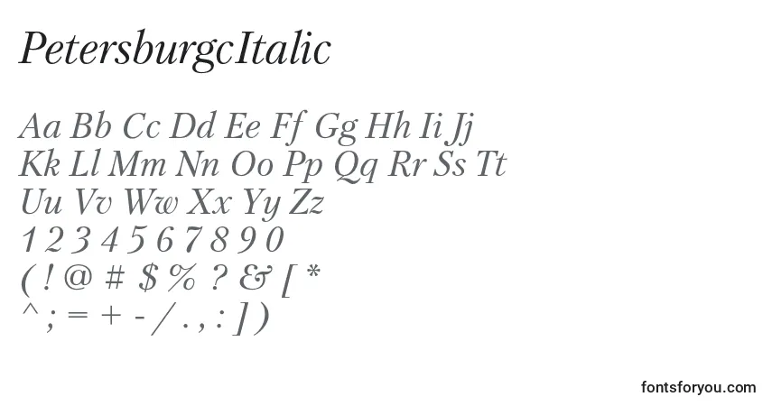 Czcionka PetersburgcItalic – alfabet, cyfry, specjalne znaki