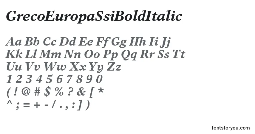 Шрифт GrecoEuropaSsiBoldItalic – алфавит, цифры, специальные символы
