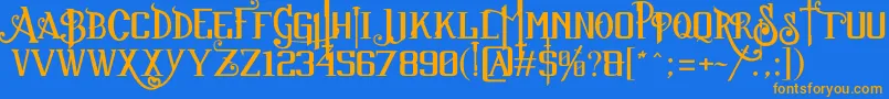 フォントSuckerFont2013JuanCasco – オレンジ色の文字が青い背景にあります。