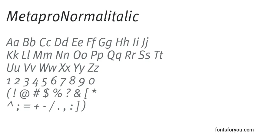 Schriftart MetaproNormalitalic – Alphabet, Zahlen, spezielle Symbole