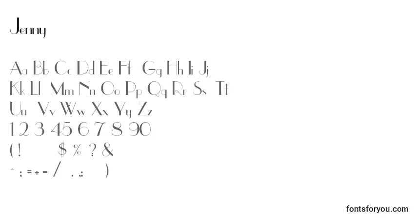 Czcionka Jenny – alfabet, cyfry, specjalne znaki