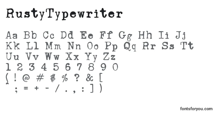 Czcionka RustyTypewriter – alfabet, cyfry, specjalne znaki