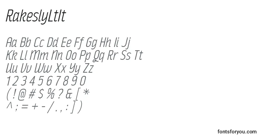 Czcionka RakeslyLtIt – alfabet, cyfry, specjalne znaki