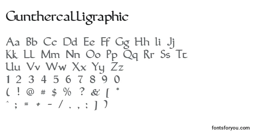 Шрифт Gunthercalligraphic – алфавит, цифры, специальные символы