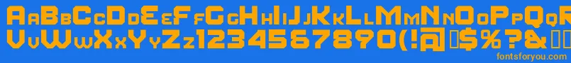 フォントFearFactorSmallcaps – オレンジ色の文字が青い背景にあります。