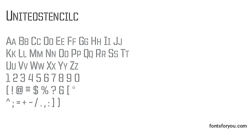 Czcionka Unitedstencilc – alfabet, cyfry, specjalne znaki
