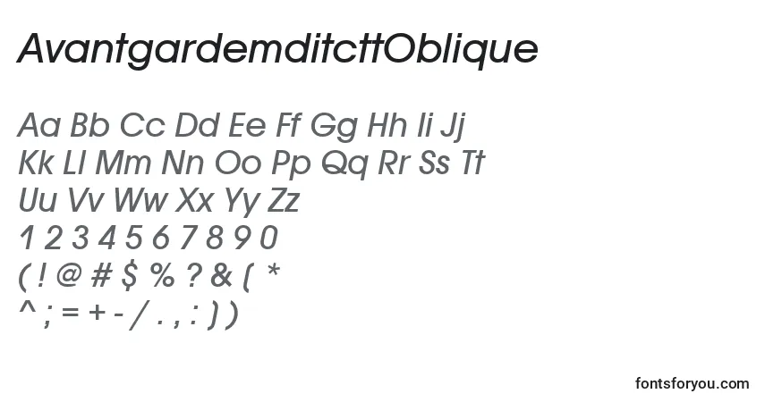 Шрифт AvantgardemditcttOblique – алфавит, цифры, специальные символы