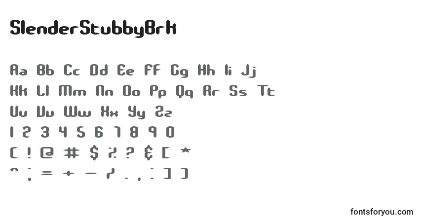 A fonte SlenderStubbyBrk – alfabeto, números, caracteres especiais
