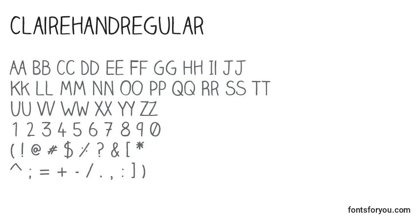 Schriftart Clairehandregular – Alphabet, Zahlen, spezielle Symbole