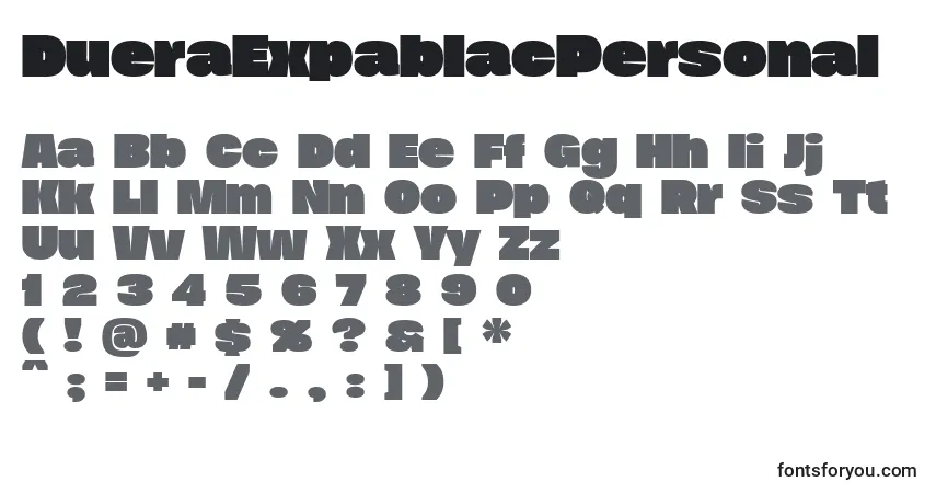 A fonte DueraExpablacPersonal – alfabeto, números, caracteres especiais