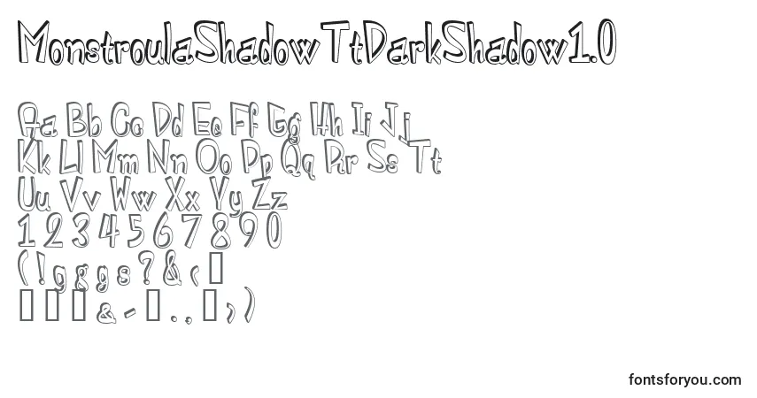 A fonte MonstroulaShadowTtDarkShadow1.0 – alfabeto, números, caracteres especiais