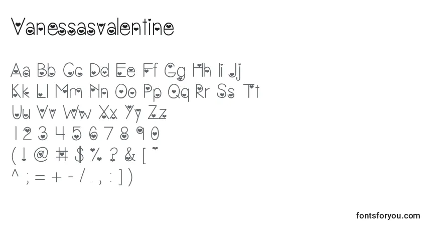 Czcionka Vanessasvalentine – alfabet, cyfry, specjalne znaki