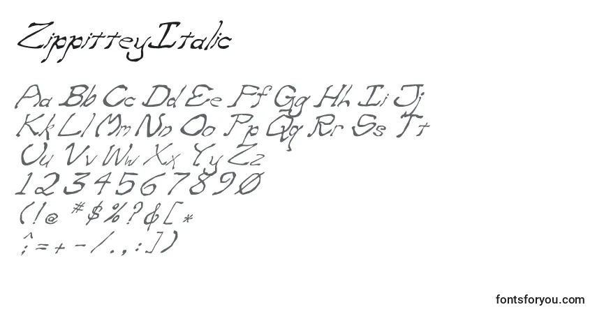 A fonte ZippitteyItalic – alfabeto, números, caracteres especiais
