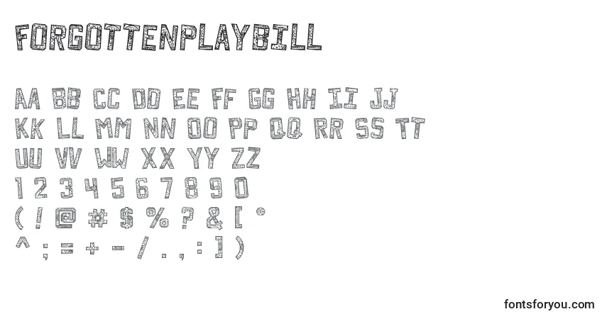 A fonte Forgottenplaybill (47036) – alfabeto, números, caracteres especiais