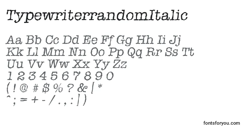 Czcionka TypewriterrandomItalic – alfabet, cyfry, specjalne znaki
