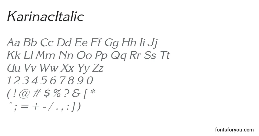 A fonte KarinacItalic – alfabeto, números, caracteres especiais