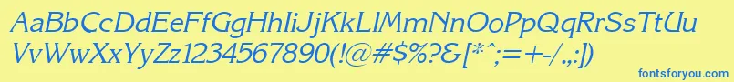 フォントKarinacItalic – 青い文字が黄色の背景にあります。