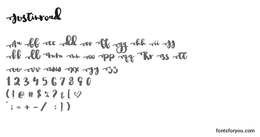 Czcionka Justinroad – alfabet, cyfry, specjalne znaki